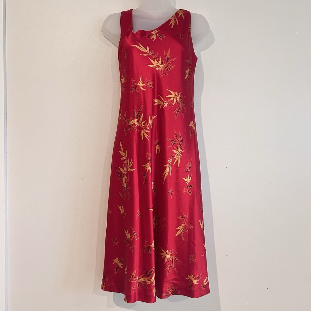DKNY City Silk Asian Print Dress Sz 8 Red Slinky Sexy Shift Midi Lined